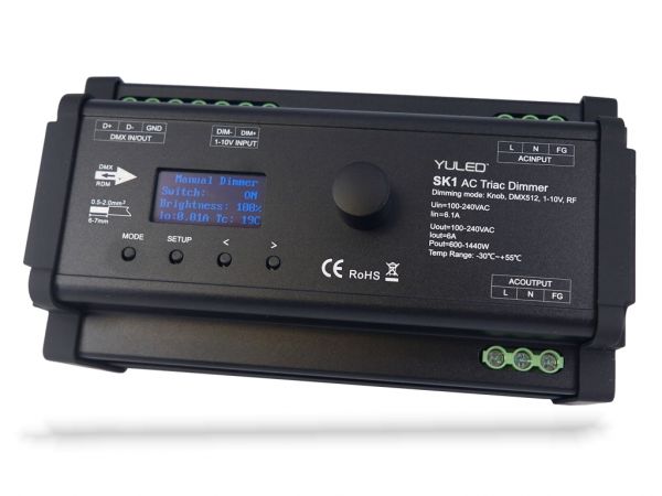 SK-1Pro 1-Kanal DMX, 0-10V, Funk Dimmer 6A 1440W Hutschiene OLED Display